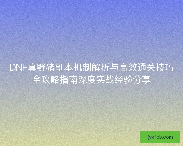 DNF真野猪副本机制解析与高效通关技巧全攻略指南深度实战经验分享